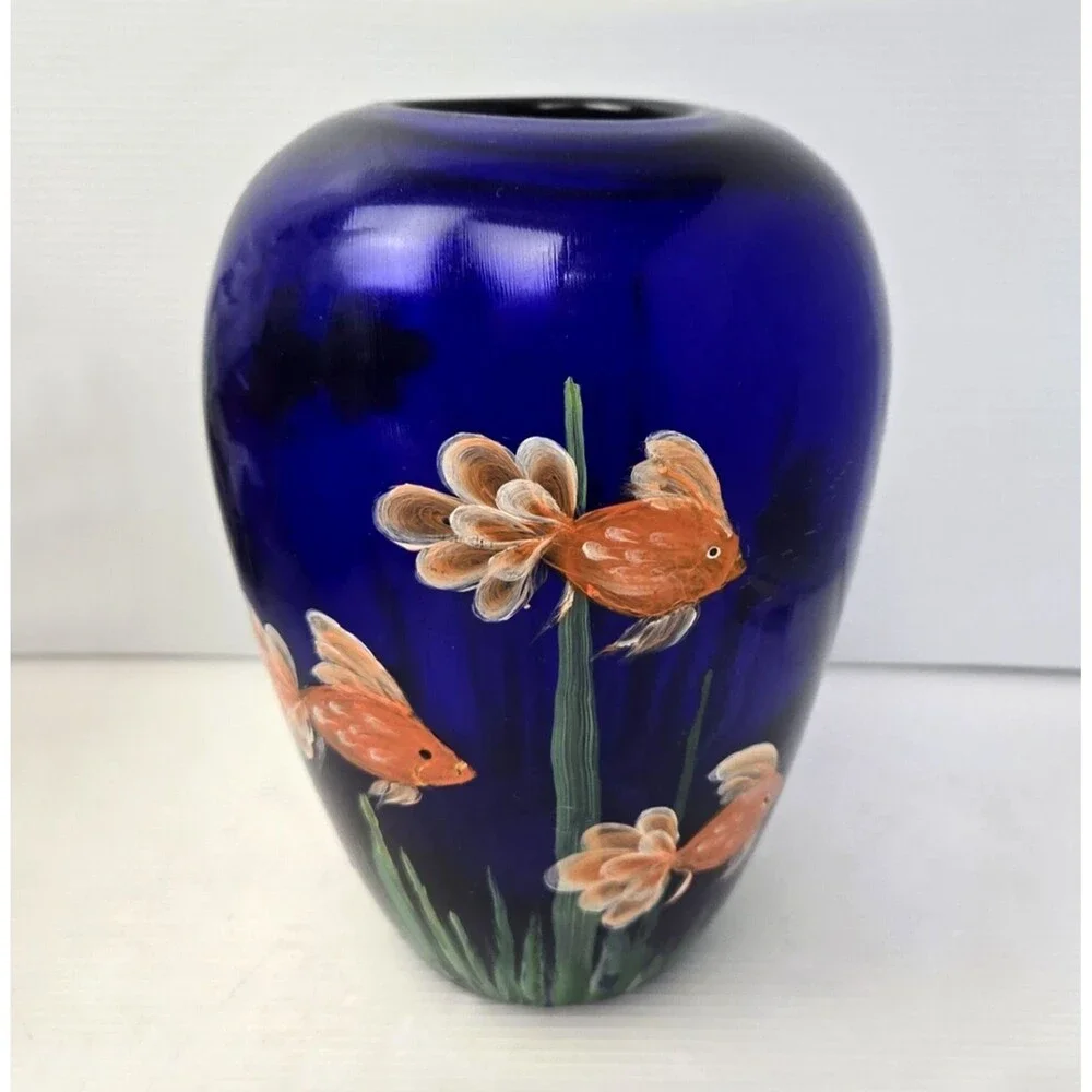 Cobalt Blue Art Glass Vase Hand Painted Koi Goldfish Aquatic Plants 8